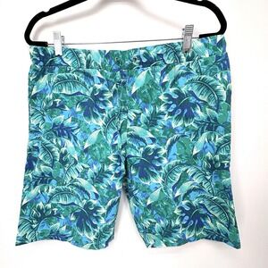 Caribbean Joe Tropical Floral Print Shorts Womens Large Blue Palm Leaves